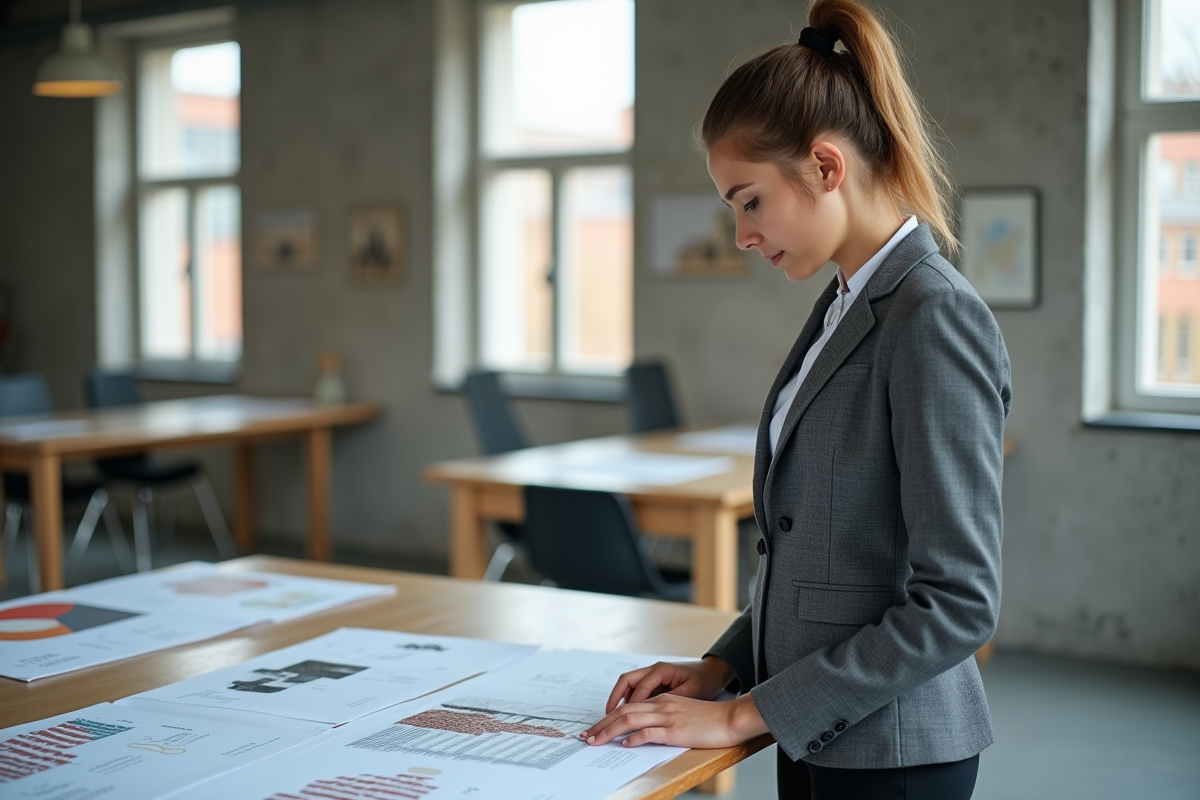Jeune architecte analysant des documents de toiture en intérieur