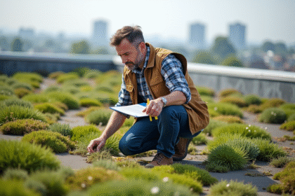 Architecte homme en extérieur sur toit vert en pleine vérification
