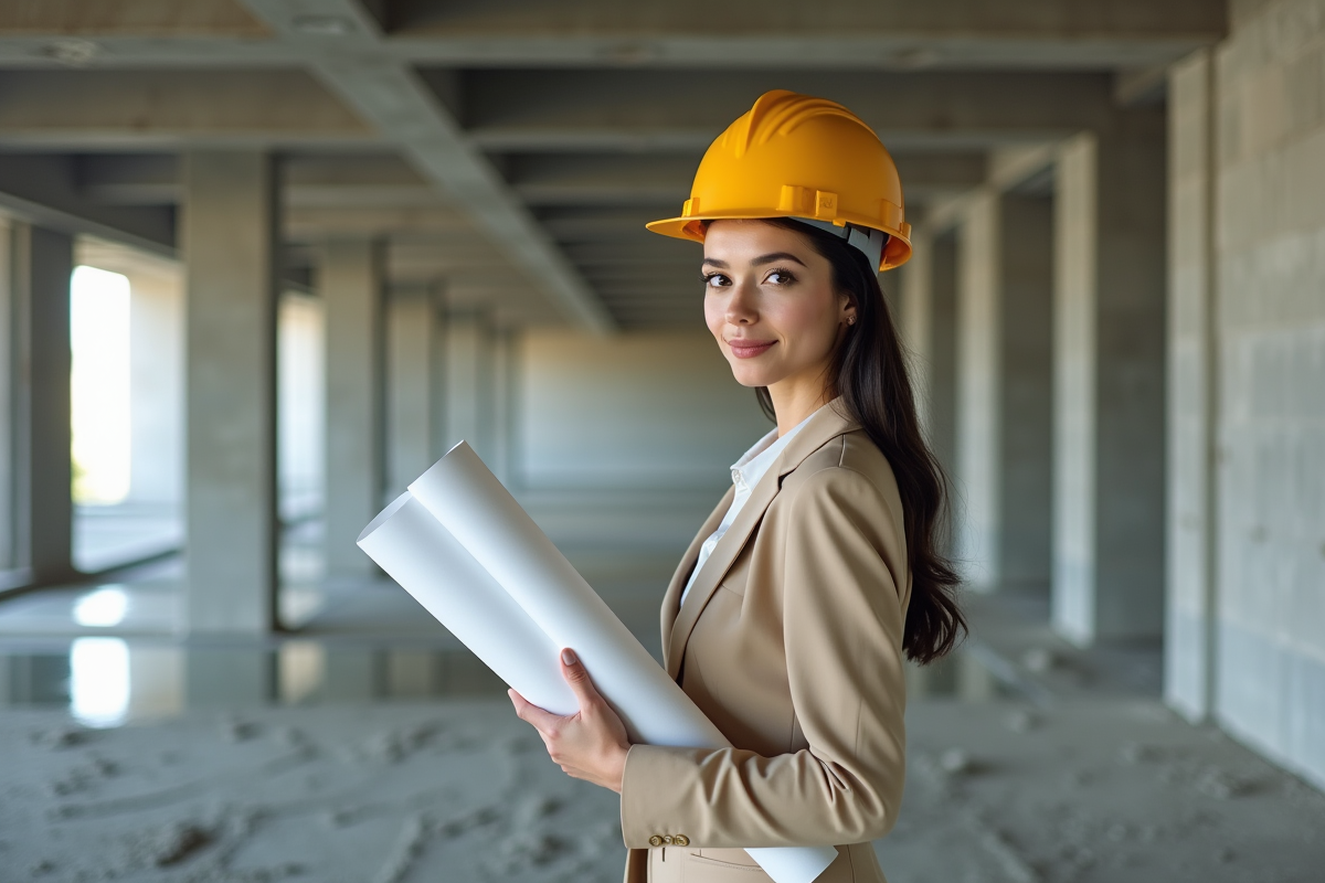 Jeune architecte inspecte une dalle de beton neuve en interieur
