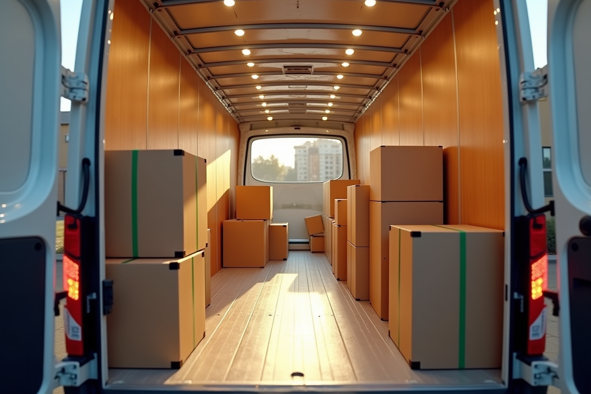 Intérieur d'un camion de déménagement de 20m3 avec meubles bien sécurisés
