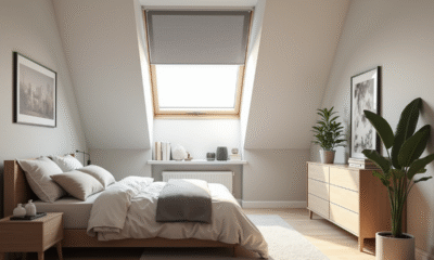 Chambre moderne avec velux S06 et store gris lumineux