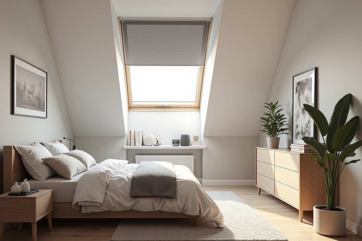 Chambre moderne avec velux S06 et store gris lumineux