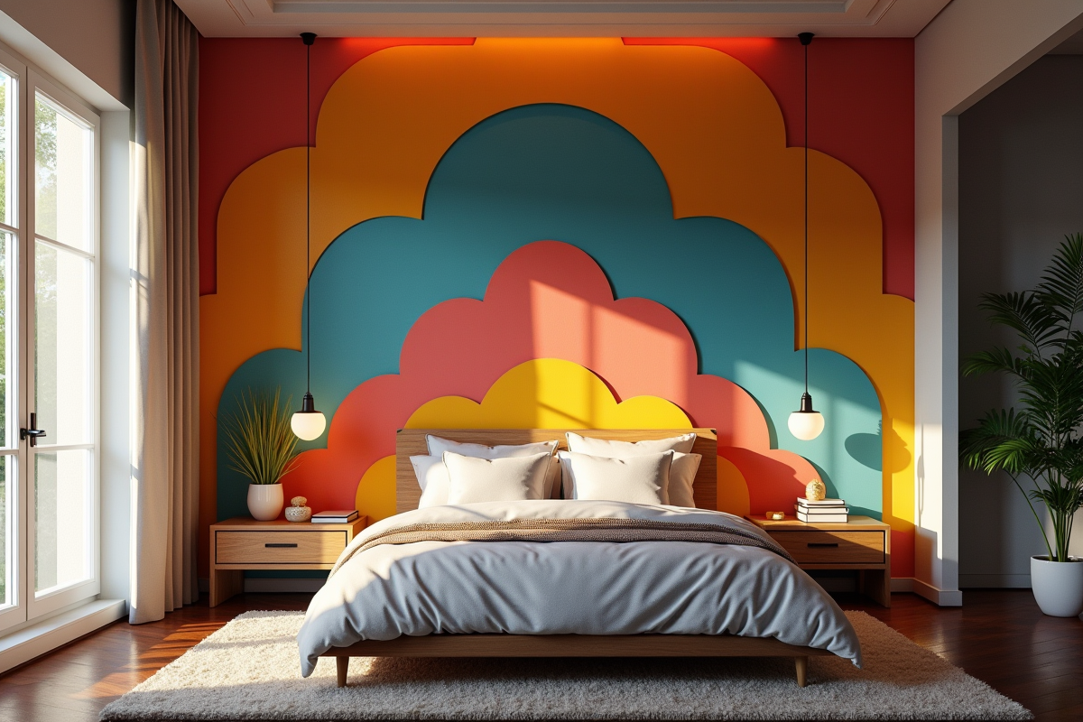 Chambre chaleureuse avec plafond coloré et motifs géométriques