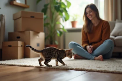Jeune chaton tabby explorant un salon chaleureux