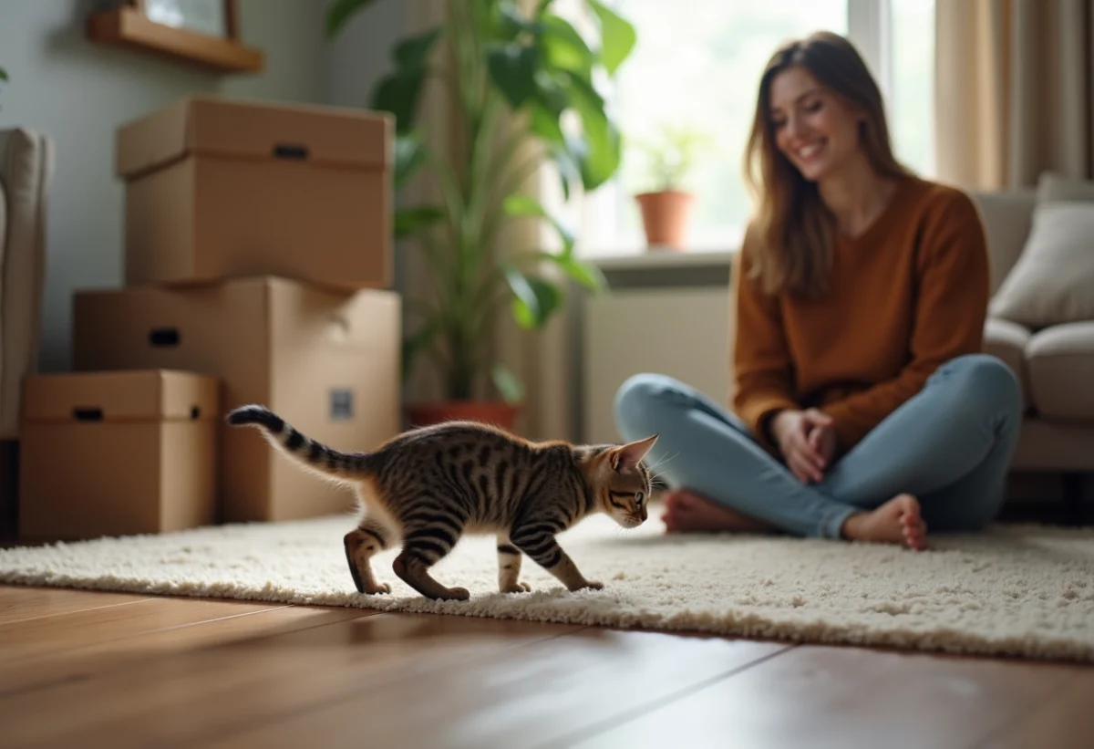 Jeune chaton tabby explorant un salon chaleureux