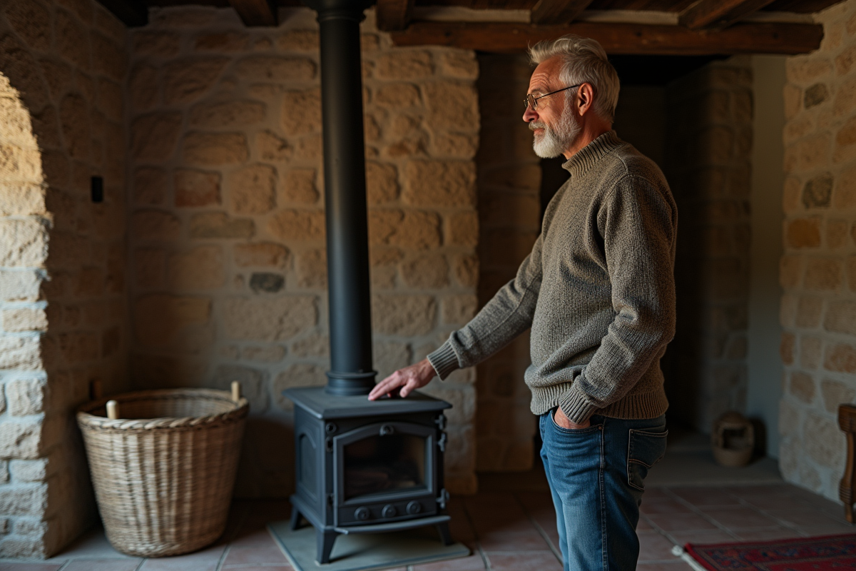 Homme d'âge moyen ajustant la poêle en pierre dans un salon rustique