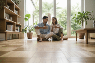 Couple souriant dans un intérieur moderne avec parquet en bambou