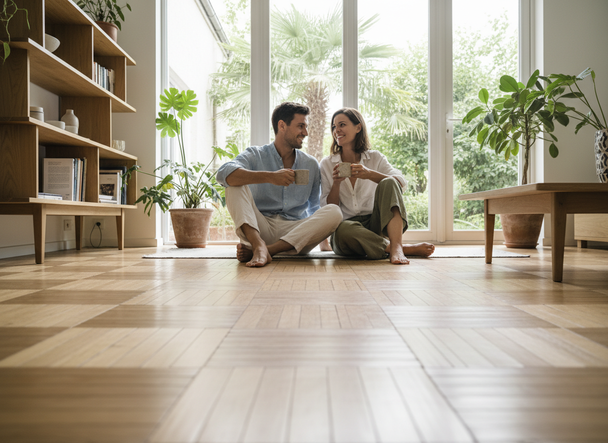 Couple souriant dans un intérieur moderne avec parquet en bambou