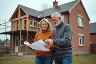 Couple de milieu d'âge devant leur maison en construction