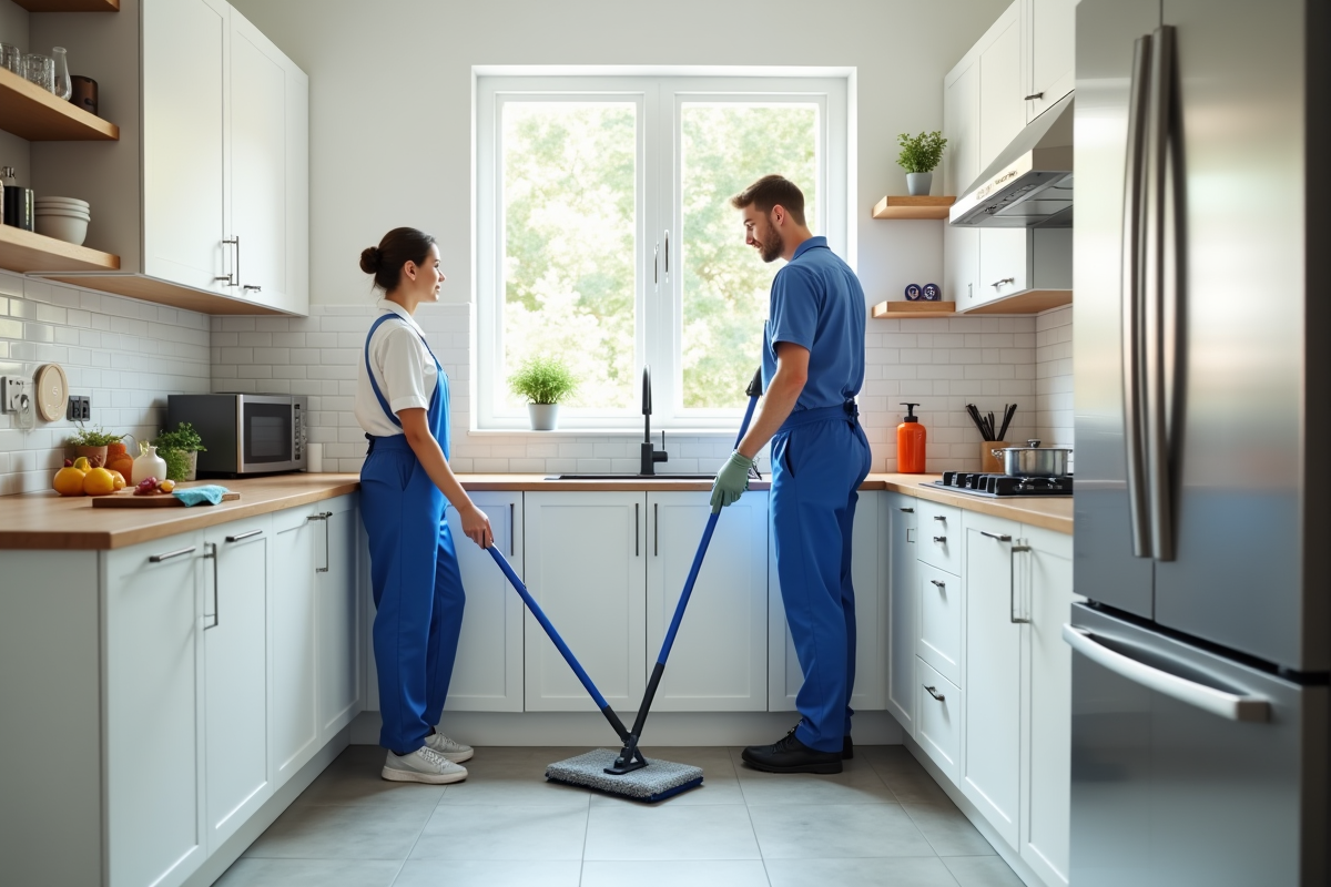 Cuisine moderne avec nettoyeur professionnel en action
