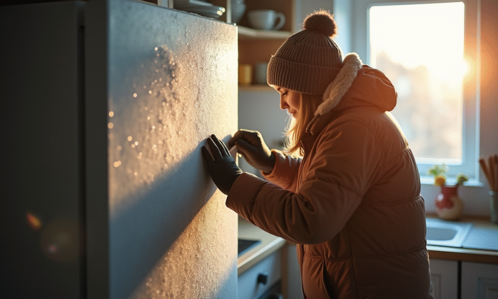 Personne dégivrant un congélateur intérieur ensoleillé