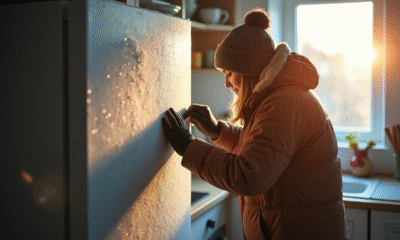 Personne dégivrant un congélateur intérieur ensoleillé
