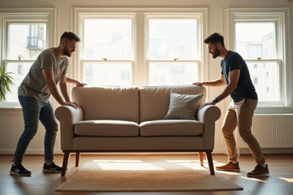 Deux personnes en tenue décontractée soulevant un grand canapé en bois dans un salon lumineux