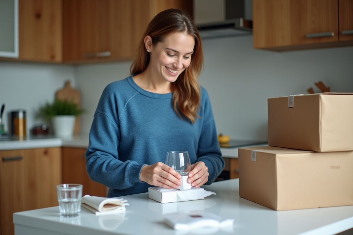 Femme emballant verre dans une cuisine moderne