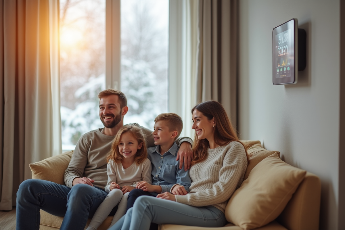 Famille heureuse dans un salon chaud avec thermostat numérique et vue enneigée