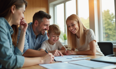 Famille souriante avec un agent immobilier dans un bureau lumineux