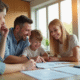 Famille souriante avec un agent immobilier dans un bureau lumineux