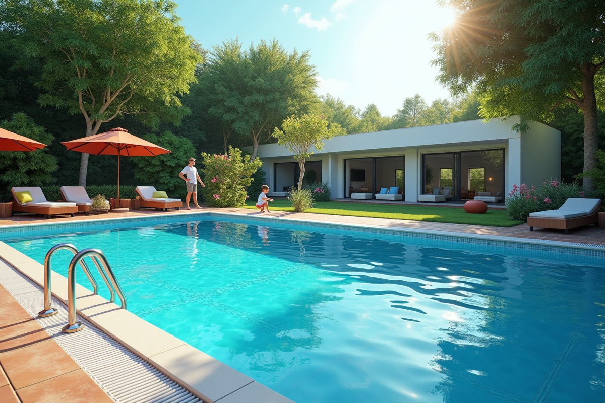 Famille jouant en toute securite au bord de la piscine