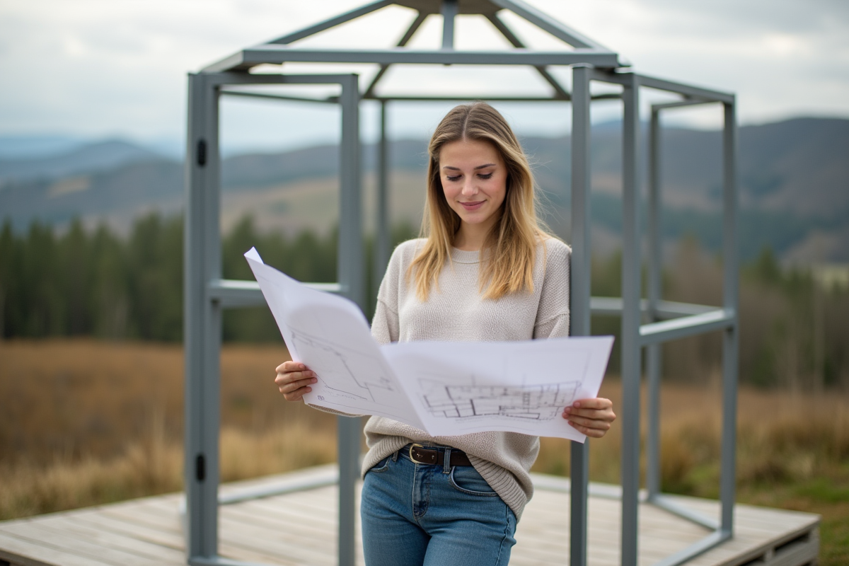 Femme regardant des plans de gazebo en extérieur