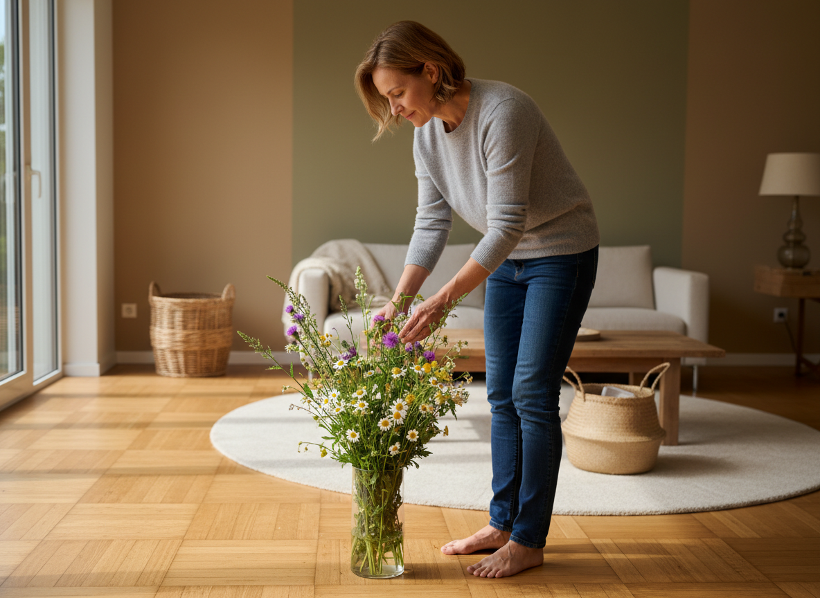 Femme arrangeant un vase de fleurs sur un parquet en bambou