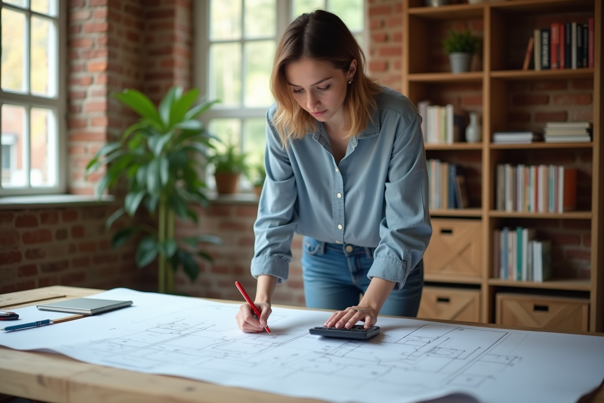 Femme en intérieur convertissant des mesures dans un bureau lumineux
