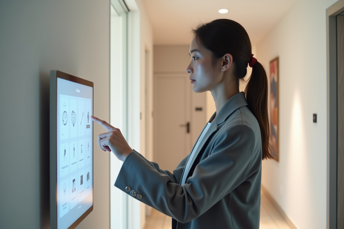 Jeune femme utilisant une tablette pour gérer la maison connectée dans un couloir minimaliste