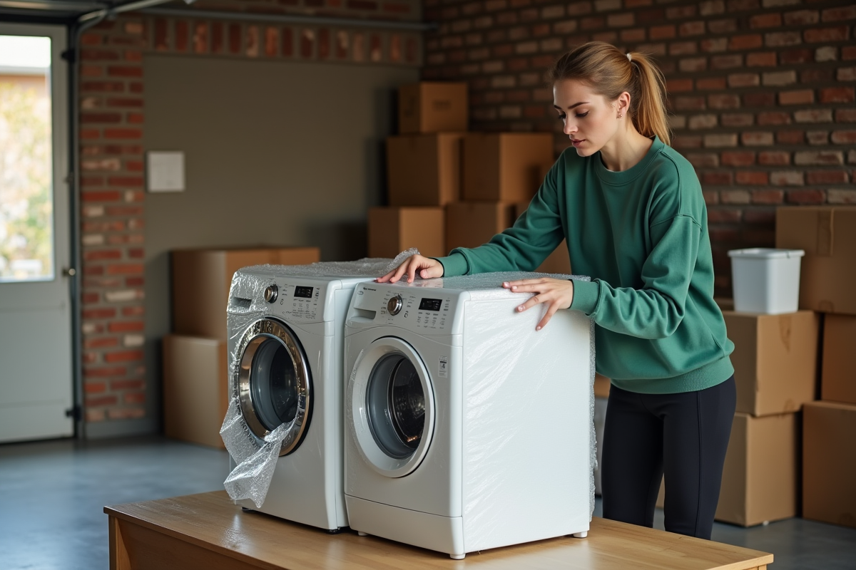 Femme en vert enveloppe un tambour de lave-linge dans un garage
