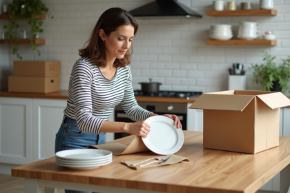 Femme emballant une assiette en porcelaine dans une cuisine lumineuse