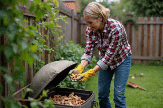 Femme en jeans et chemise à carreaux tenant des os de poulet dans un composteur