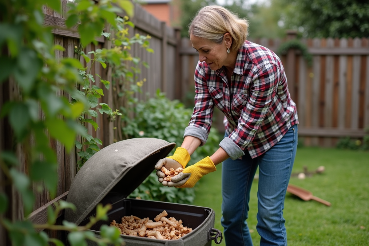 Femme en jeans et chemise à carreaux tenant des os de poulet dans un composteur