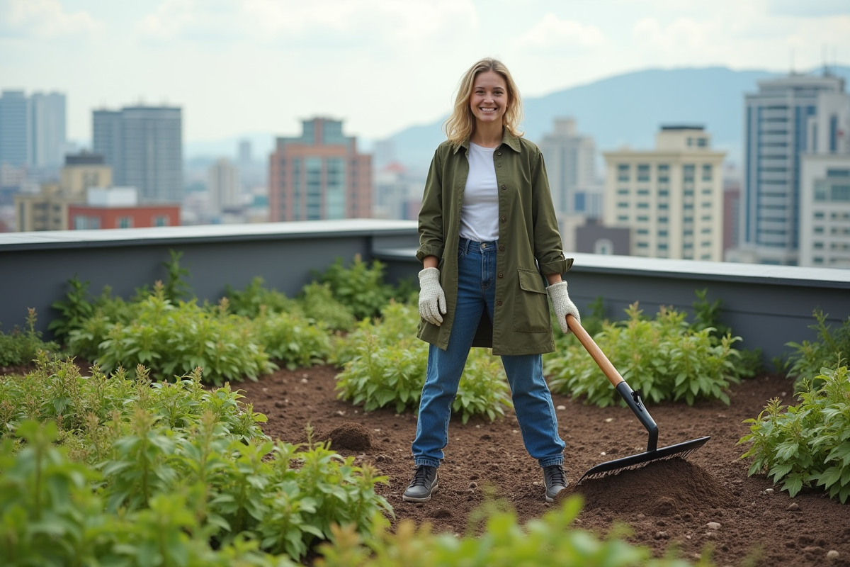 Jeune femme en plein travail sur toit végétal urbain