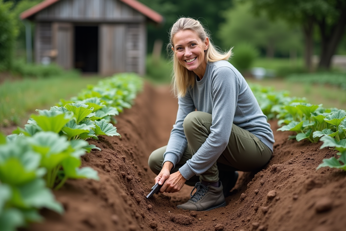 Femme souriante ajustant une tranchée dans un jardin rural