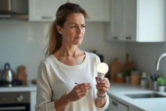 Femme examinant une ampoule LED dans sa cuisine moderne