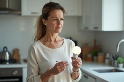 Femme examinant une ampoule LED dans sa cuisine moderne