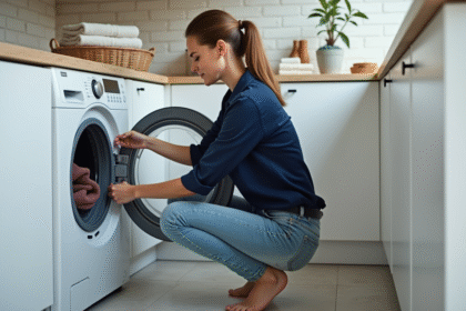 Femme chargeant une machine à laver dans une buanderie moderne