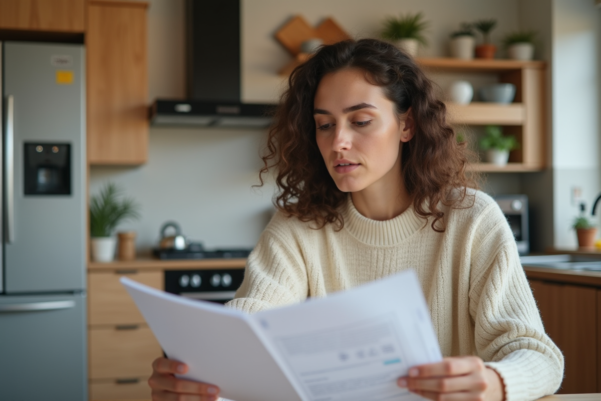 Femme examinant des devis pour l installation de VMC dans sa cuisine