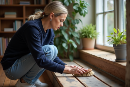 Femme nettoyant des moisissures sur un rebord de fenêtre en bois