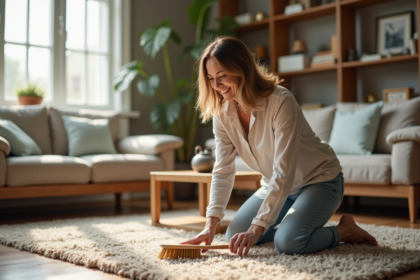 Femme en homewear nettoyant un tapis avec une brosse