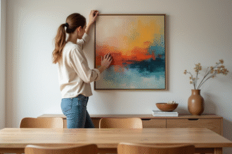 Jeune femme ajustant une peinture abstraite dans un salon moderne