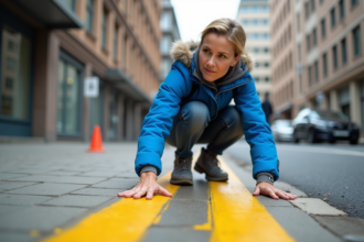 Femme en bleu peignant une zone piétonne en ville