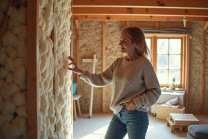 Femme dans un grenier rénové touchant l'isolation cellulose