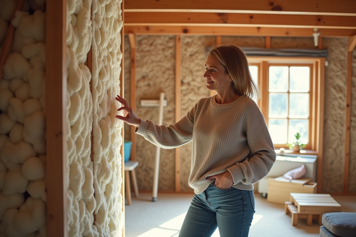 Femme dans un grenier rénové touchant l'isolation cellulose