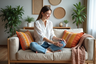 Femme assise sur un canapé avec coussins colorés dans un salon moderne