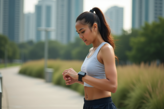 Jeune femme sportive vérifiant sa montre connectée en ville