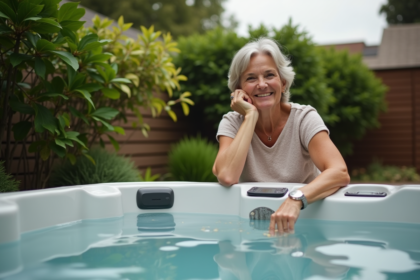 Femme vérifiant le niveau d'eau d'un spa extérieur