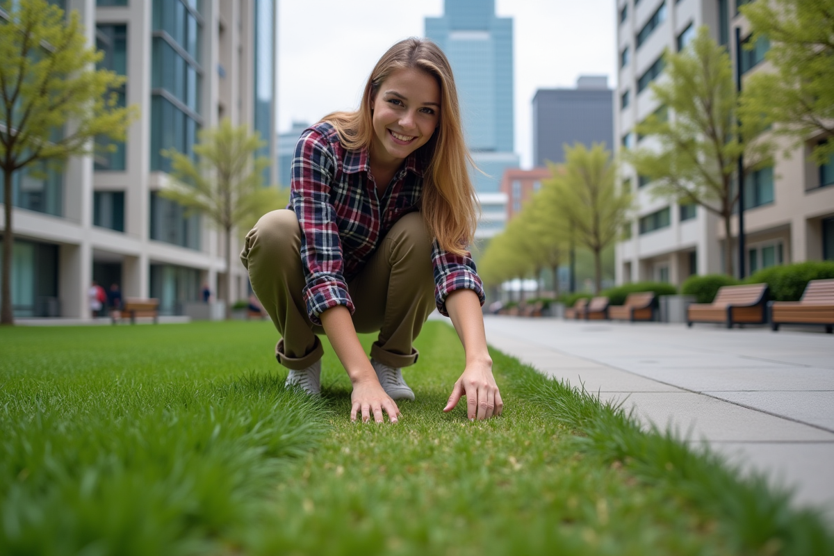 Jeune femme examine la nouvelle pelouse dans un parc