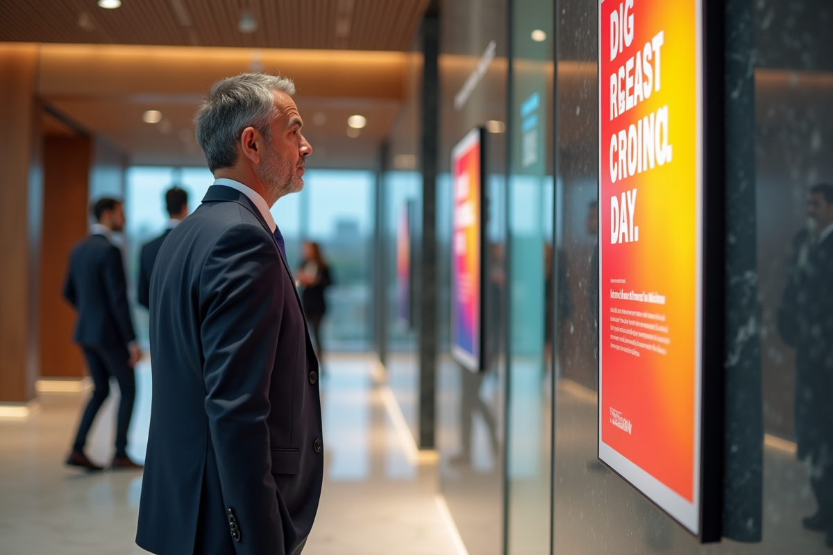 Homme d affaires étudiant une affiche dans un hall moderne