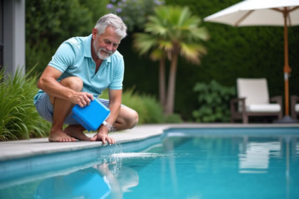 Homme d'âge moyen versant du chlore dans la piscine
