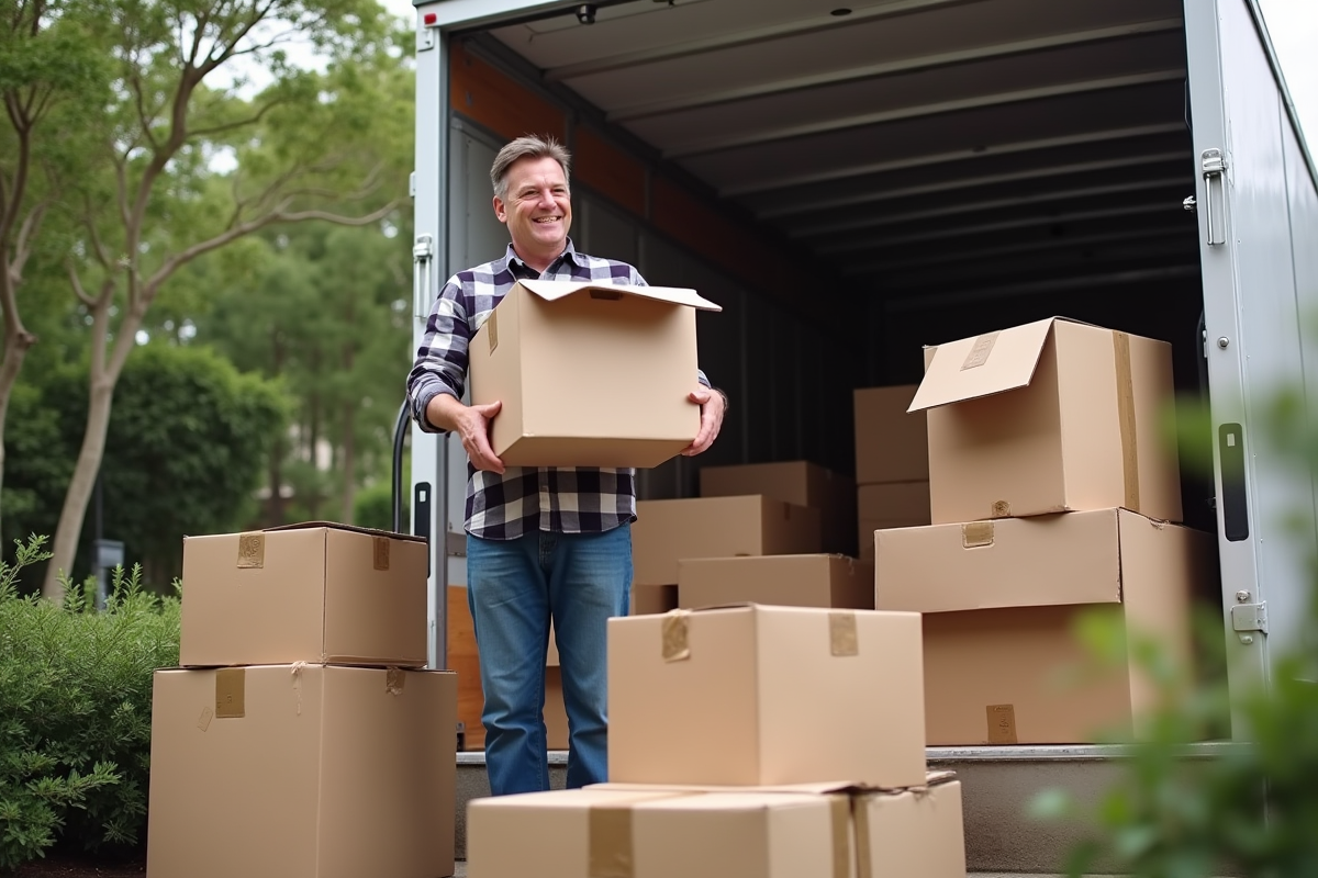Homme d'âge moyen emballant des cartons dans un camion de déménagement