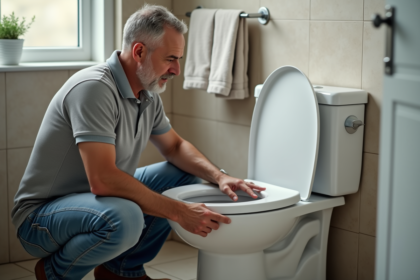 Homme d'âge moyen inspectant une toilette moderne dans une salle de bain